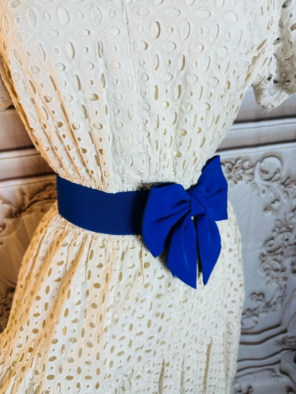 White Eyelet Maxi Dress with Royal Blue Bow Belt - Picture 10 of 13